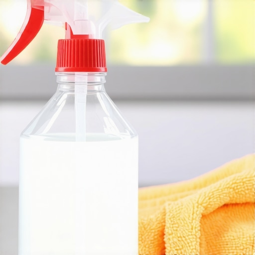 Spray bottle with vinegar and microfiber cloth for cleaning windows