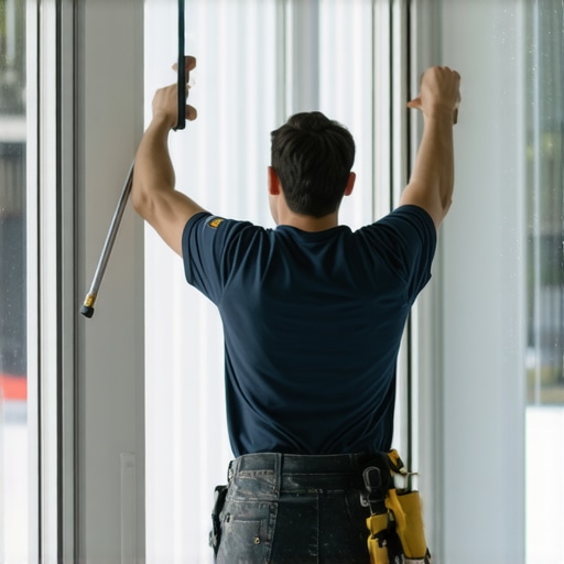 Professional using squeegee on large window for streak-free shine