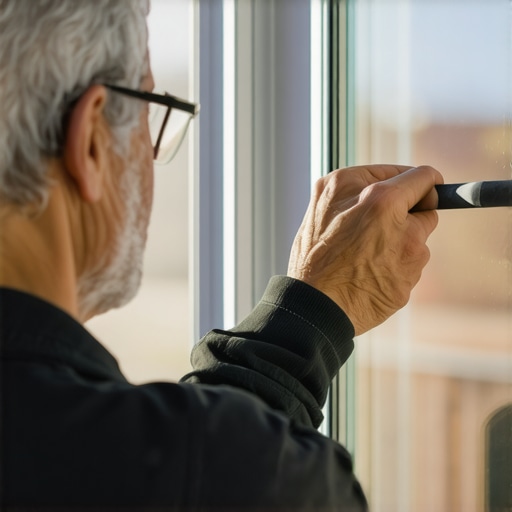 Homeowner checking window seals during seasonal maintenance.