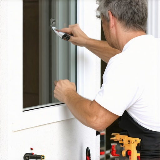 Homeowner inspecting window for repairs