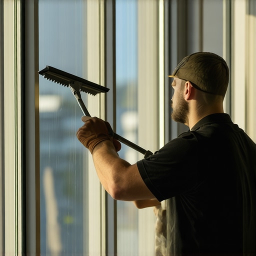 Window cleaner using squeegee on large glass window in natural light