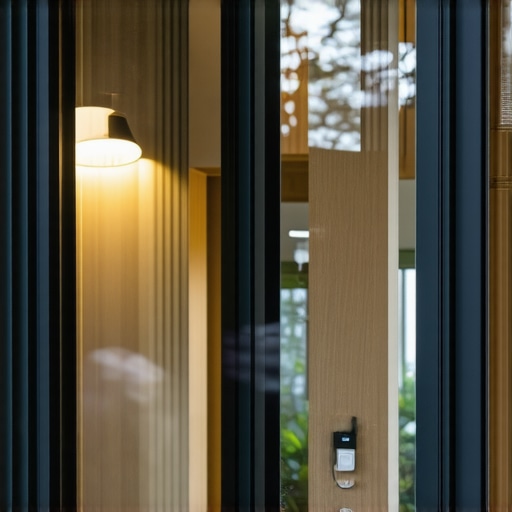 Smart window system with sensors and energy efficiency features in a contemporary house.