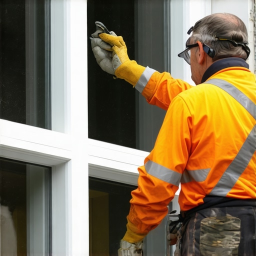 Professional technician repairing and cleaning windows