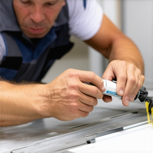 Technician sealing a window frame with durable materials for long-lasting repair.