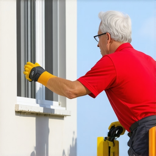 Homeowner Performing Window Maintenance A person cleaning and inspecting windows outdoors with tools and safety gear.