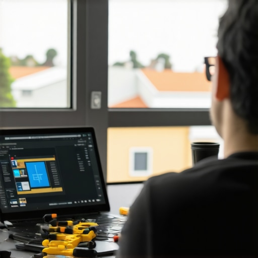 A person inspecting windows and working on a computer with repair tools nearby.