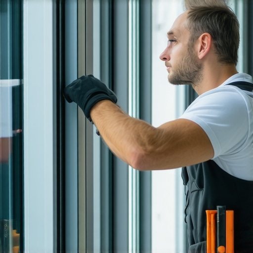 Window technician inspecting a modern double-glazed window with tools.
