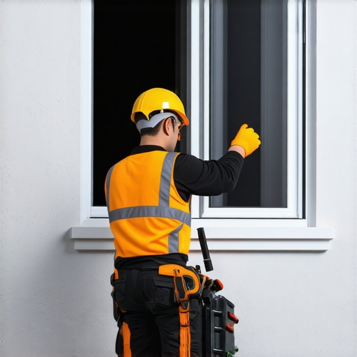 Technician installing a window with professional tools and safety gear.