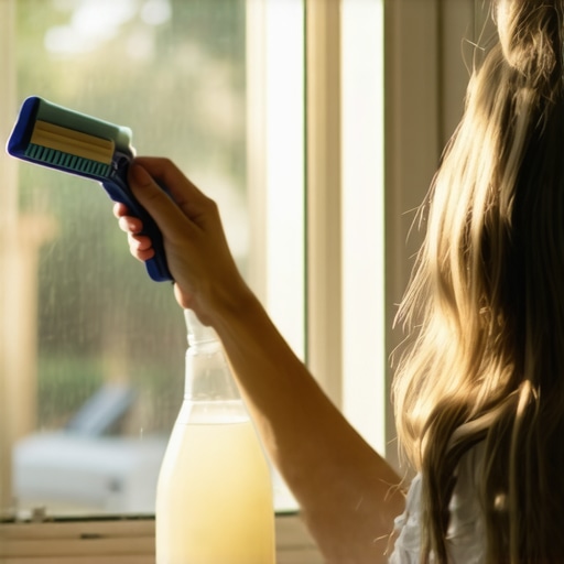 Person cleaning window with vinegar spray and squeegee in home setting