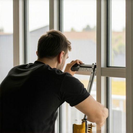 Homeowner repairing and replacing windows with tools and measurements.