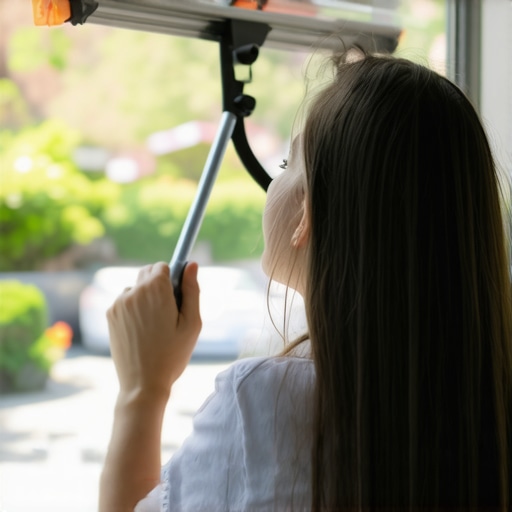 Person using squeegee to clean window with microfiber cloth during daylight