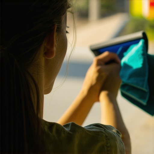 Person cleaning window with squeegee and microfiber cloth showing clear glass