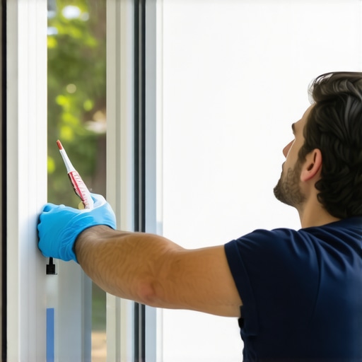 Professional technician sealing window gaps with caulk during repair