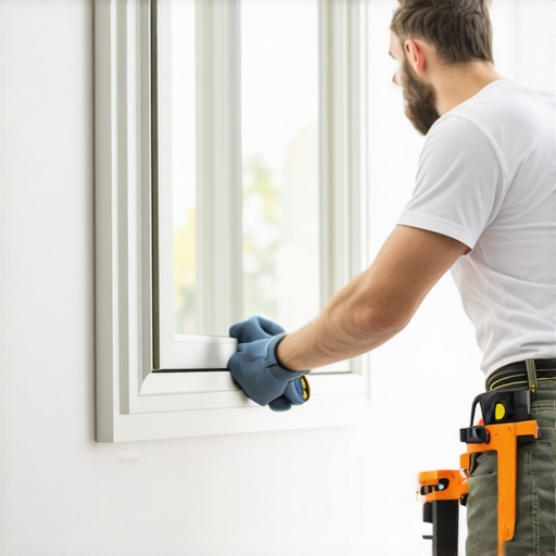 Homeowner carefully installing a window with tools, ensuring level and proper fit