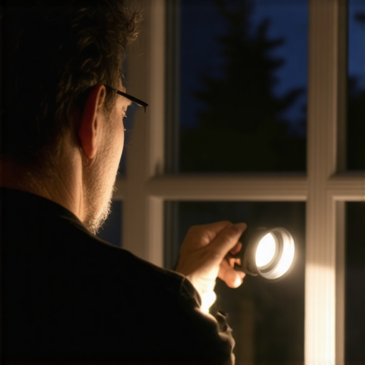 Person inspecting window for cracks and drafts with flashlight and mirror