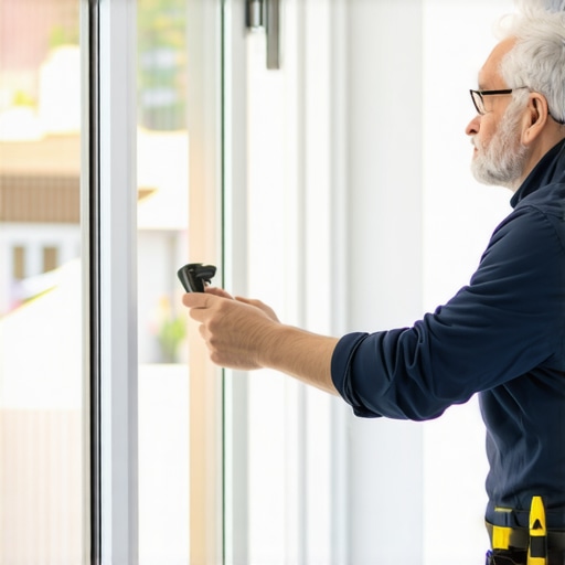 Homeowner examining a window for cracks and drafts during daylight.