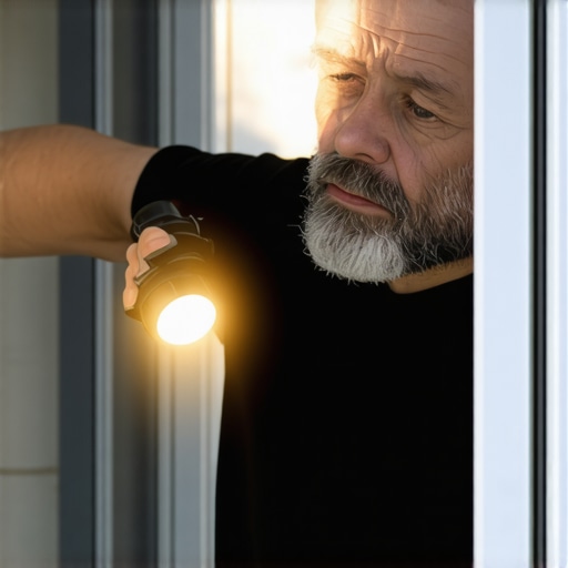 Homeowner carefully examining window cracks with a flashlight for damage