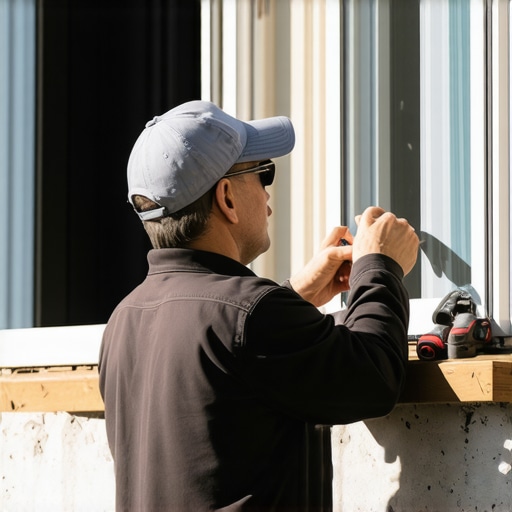 Homeowner checking window condition and sealing gaps.
