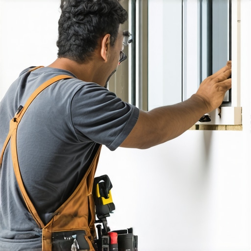 Person installing a window with shims and tools in a home