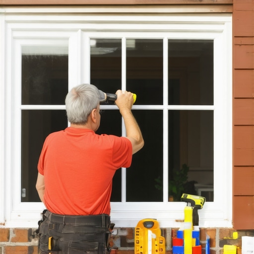 Person fixing window frame and cleaning glass with spray and cloth.