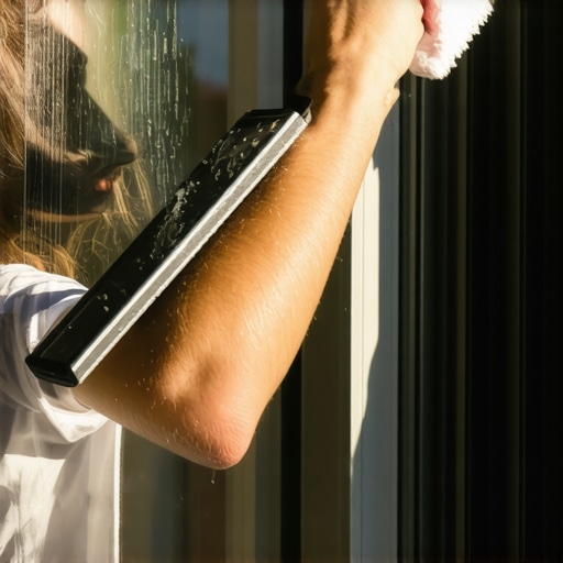 Person cleaning window with squeegee under sunlight