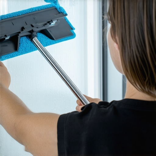 Effective Window Maintenance Tools Person using telescopic squeegee and microfiber cloth to clean window efficiently.