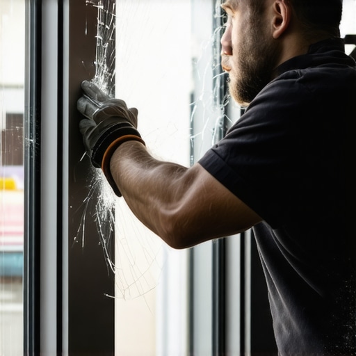 Technician replacing a cracked window glass pane in a home window.