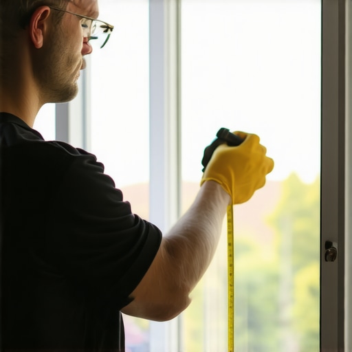 Installer measuring window frame with tape for precise fit.