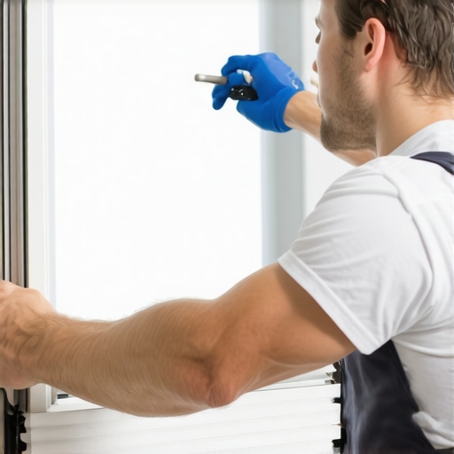 A person applying weatherproof sealant around a window frame