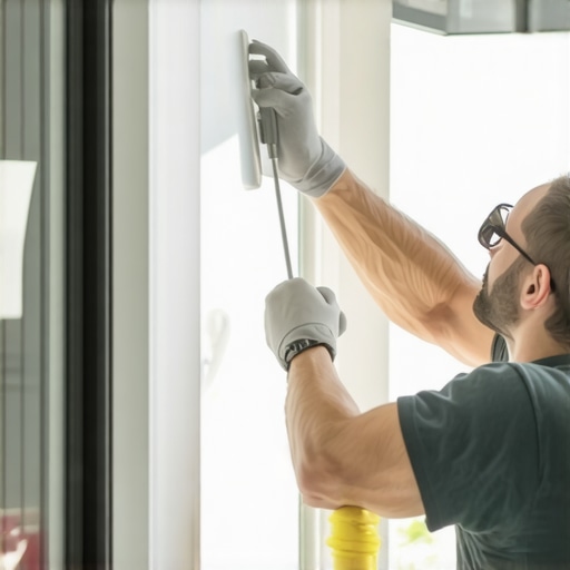Person applying silicone sealant to fix window crack in a clean, well-lit home