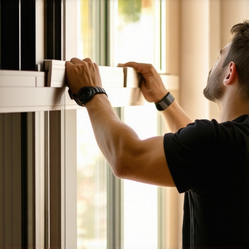 A person applying waterproof tape around a window frame to prevent drafts.