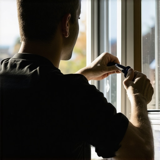 A technician installing a window with level tools and shims, illustrating proper technique.