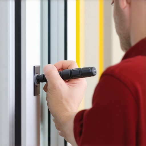 Window hinge maintenance with precision screwdriver A handyman inspecting a window hinge with a screwdriver, emphasizing DIY repair tools