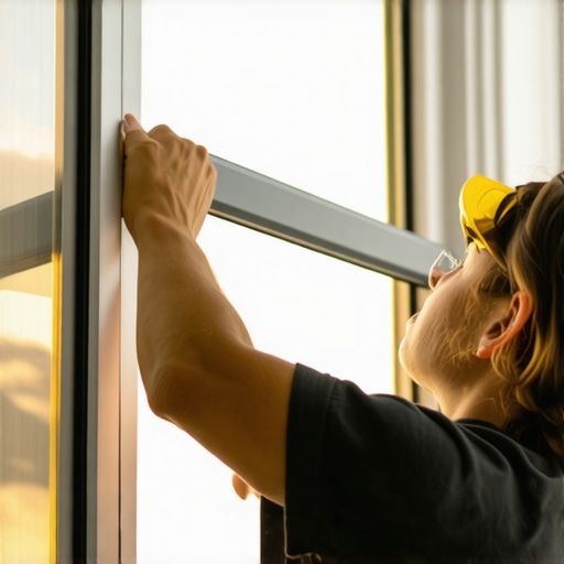 Applying Weatherstripping to a Window Person sealing a window with weatherstripping material during the day.