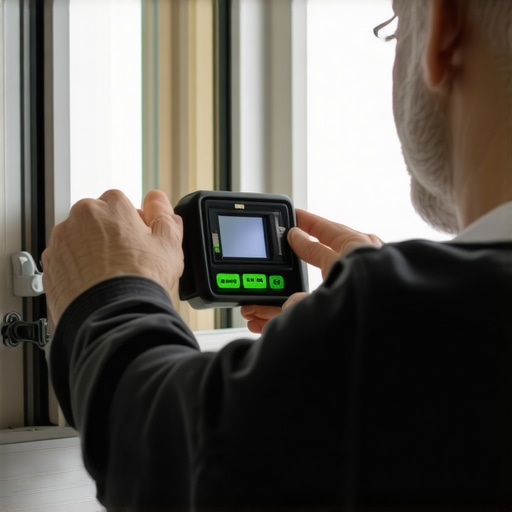 Person adjusting window hinges with a digital level for proper alignment.