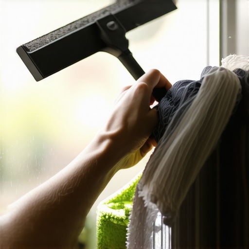 Person cleaning window with squeegee and microfiber cloth using eco-friendly cleaner.