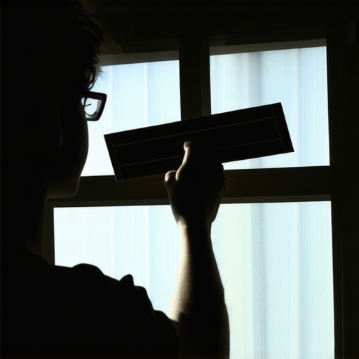 Person cleaning window with squeegee, sunlight, clear glass, demonstrating proper technique.