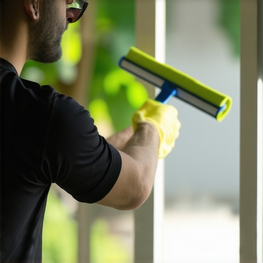 Professional cleaner using squeegee and eco-friendly cleaner on a bright window