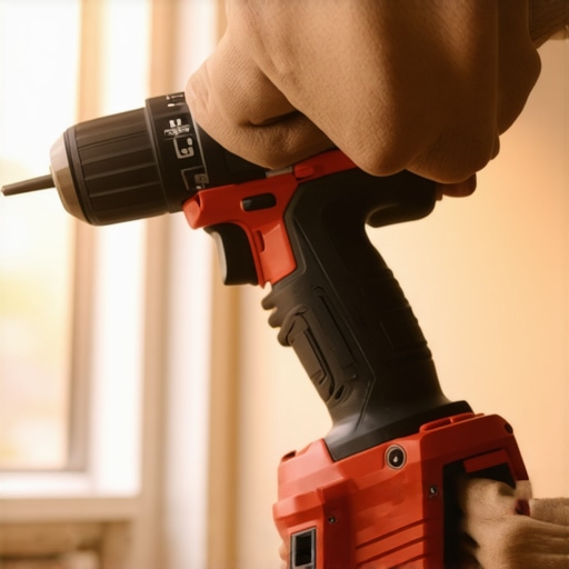 A person using a cordless impact driver to tighten screws on a window hinge in a home workshop