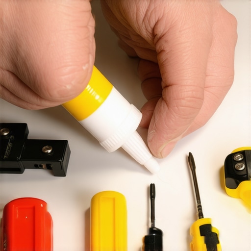A person lubricating window hinges with a silicone spray using a small brush, with related tools nearby.