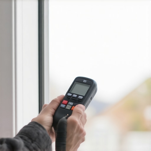 Close-up of a moisture meter testing a window frame during maintenance.