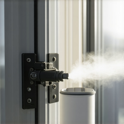 Person applying silicone lubricant to window hinge